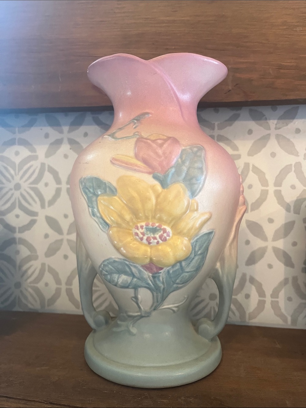 Hand-Painted Pink and Yellow Floral Ceramic Vase